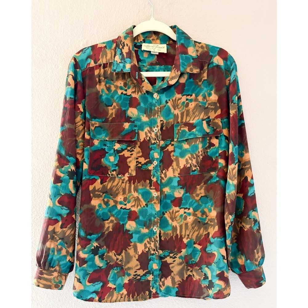 VTG Marie France London Paris Silk Abstract Print Button Down Blouse Teal‎ Brown